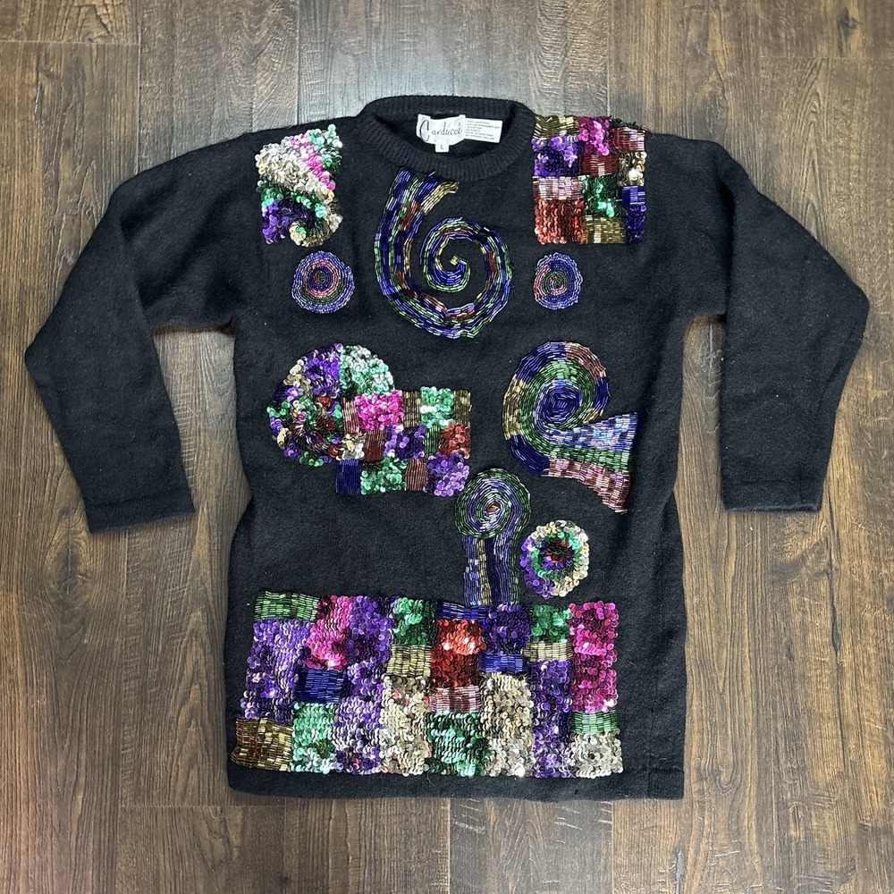 Vintage Carducci Wool Angora Blend Long Sweater Sz L Shiny Sequins‎ Black Color